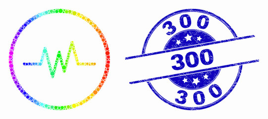 Dotted bright spectral pulse signal mosaic pictogram and 300 seal. Blue vector round distress stamp with 300 caption. Vector collage in flat style.