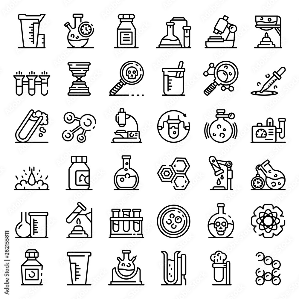 Poster chemical laboratory experiment icons set. outline set of chemical laboratory experiment vector icons