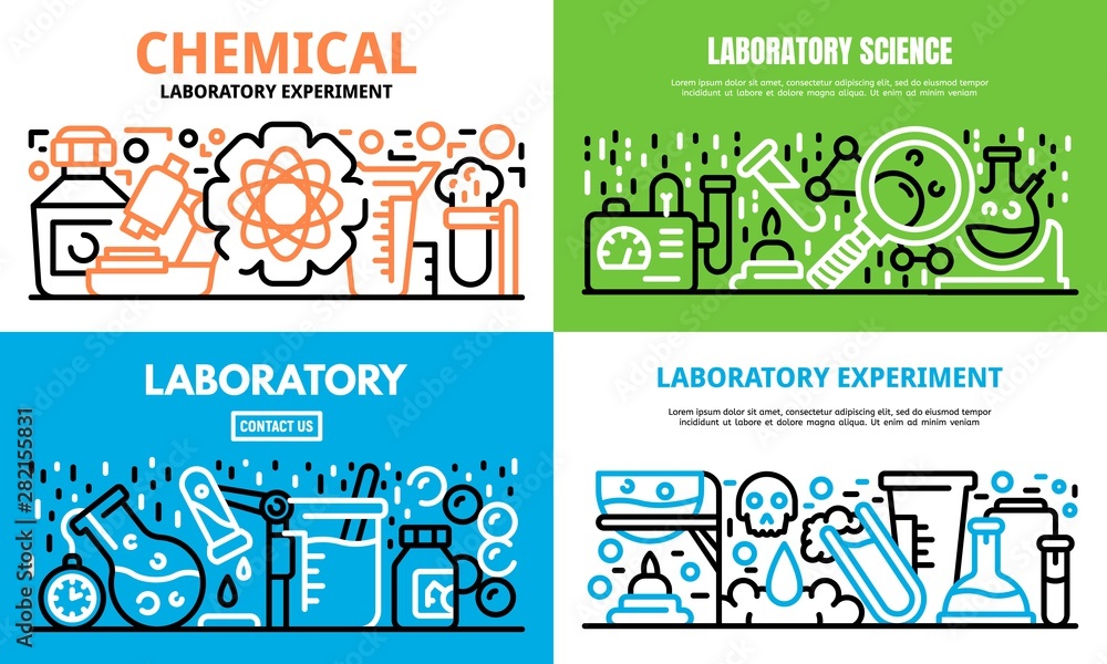 Poster chemical laboratory experiment science banner set. outline set of chemical laboratory experiment sci