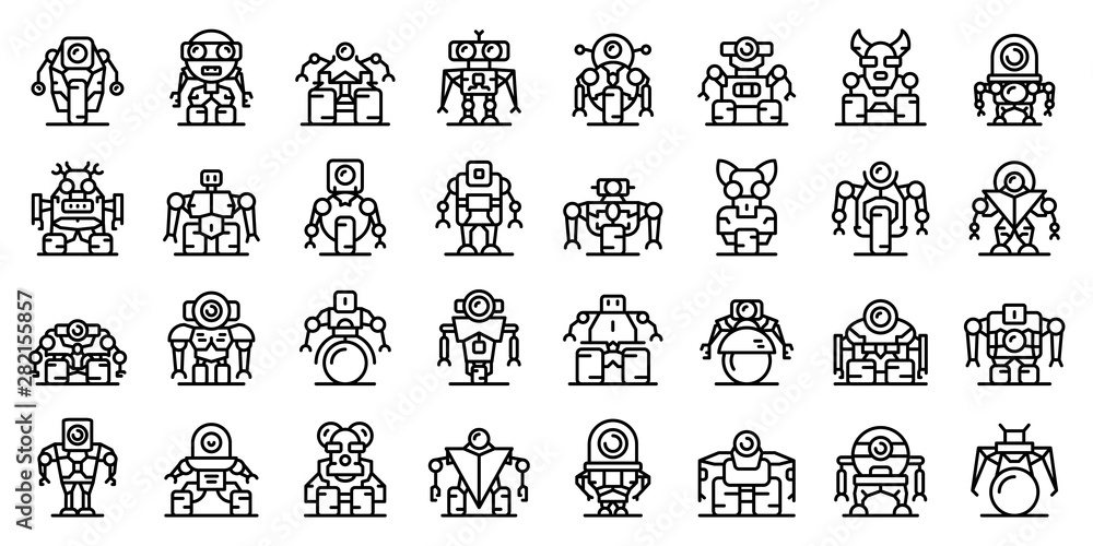 Poster robot-transformer icons set. outline set of robot-transformer vector icons for web design isolated o