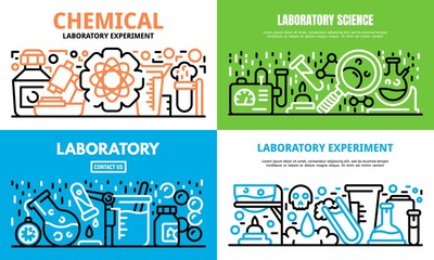 Chemical laboratory experiment science banner set. Outline set of chemical laboratory experiment science vector banner for web design