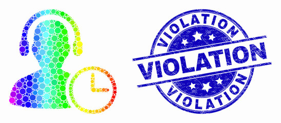 Pixelated rainbow gradiented operator time mosaic icon and Violation seal stamp. Blue vector rounded scratched seal stamp with Violation phrase. Vector combination in flat style. - obrazy, fototapety, plakaty