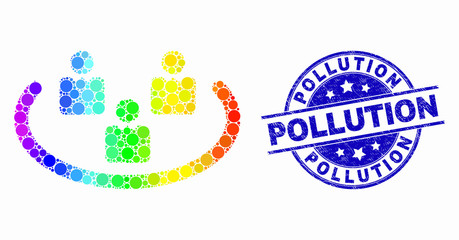Pixelated rainbow gradiented social ring mosaic icon and Pollution seal. Blue vector round grunge seal stamp with Pollution message. Vector collage in flat style.
