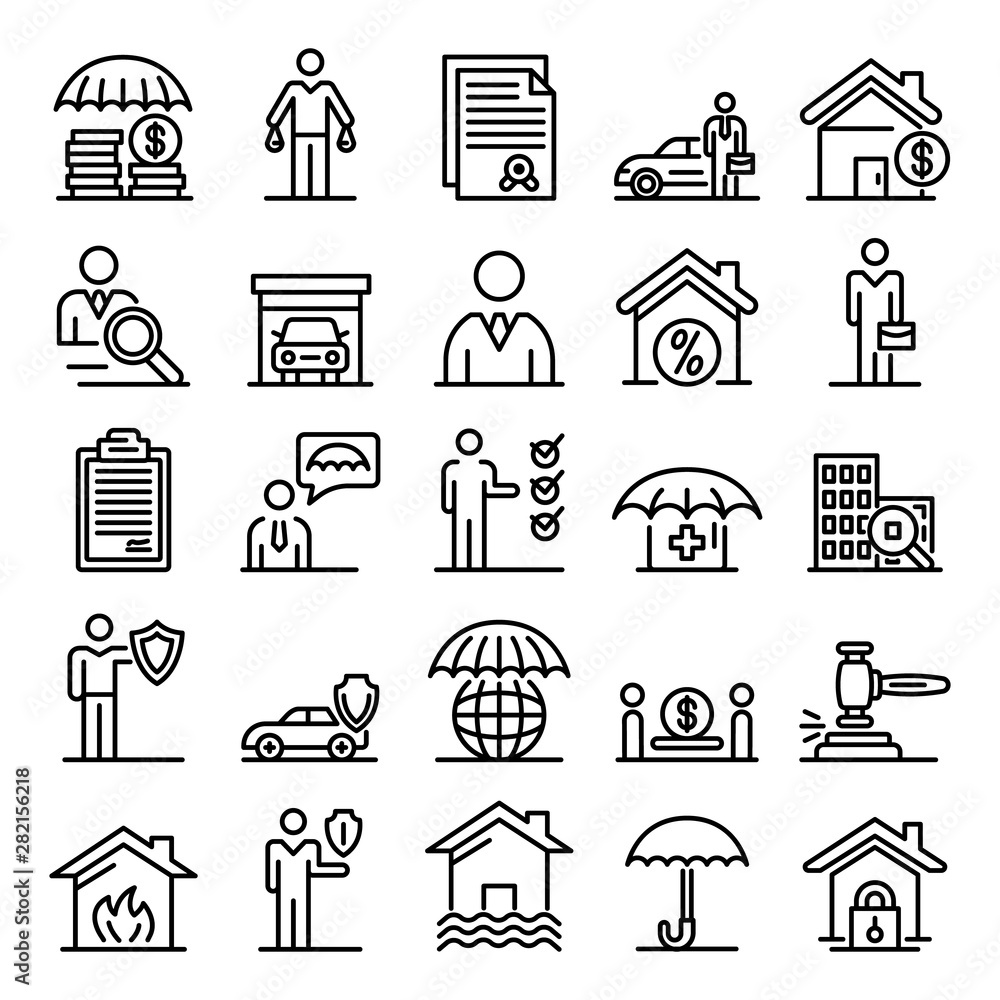 Poster insurance agent icons set. outline set of insurance agent vector icons for web design isolated on wh
