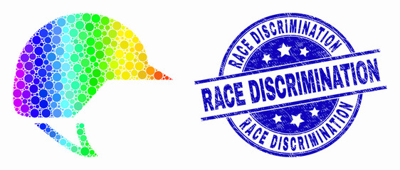 Pixel spectral motorcycle helmet mosaic icon and Race Discrimination watermark. Blue vector round grunge watermark with Race Discrimination phrase. Vector combination in flat style.