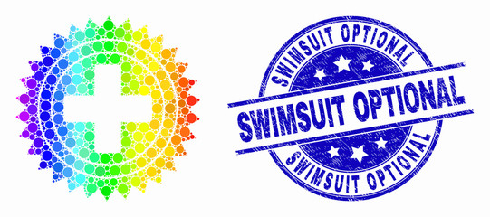 Dot spectral medical cross mosaic icon and Swimsuit Optional seal stamp. Blue vector round distress seal stamp with Swimsuit Optional title. Vector combination in flat style.