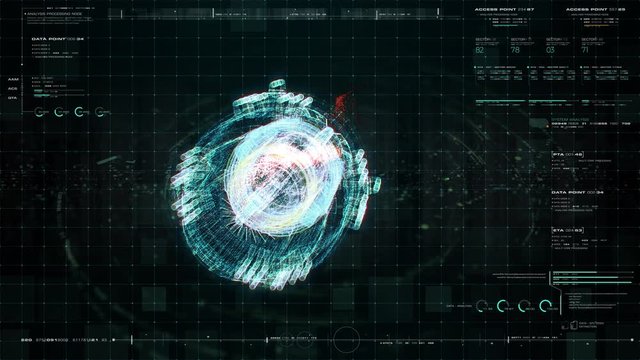 Advance motion graphic futuristic user interface head up display screen with Holographic electromagnetic engine with gravitational fields energy particles wave and digital data telemetry information