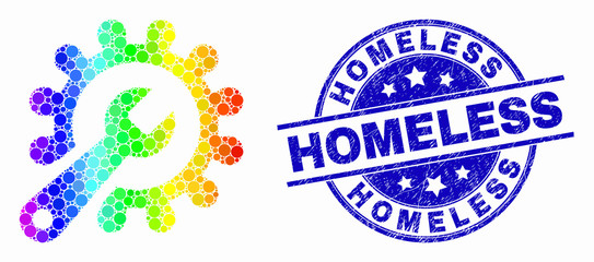 Dot bright spectral repair tools mosaic icon and Homeless seal stamp. Blue vector rounded grunge stamp with Homeless title. Vector collage in flat style.