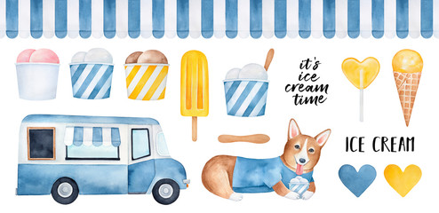 Big pack of various yummy ice cream products, funny corgi puppy character, restaurant car, striped seamless awning pattern, wooden stick, hearts, text phrases. Hand drawn watercolour graphic drawing.
