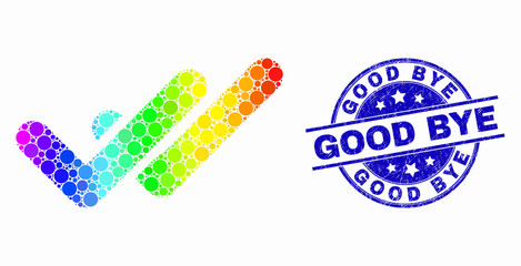 Pixelated spectrum valid ticks mosaic icon and Good Bye stamp. Blue vector rounded distress stamp with Good Bye phrase. Vector collage in flat style.
