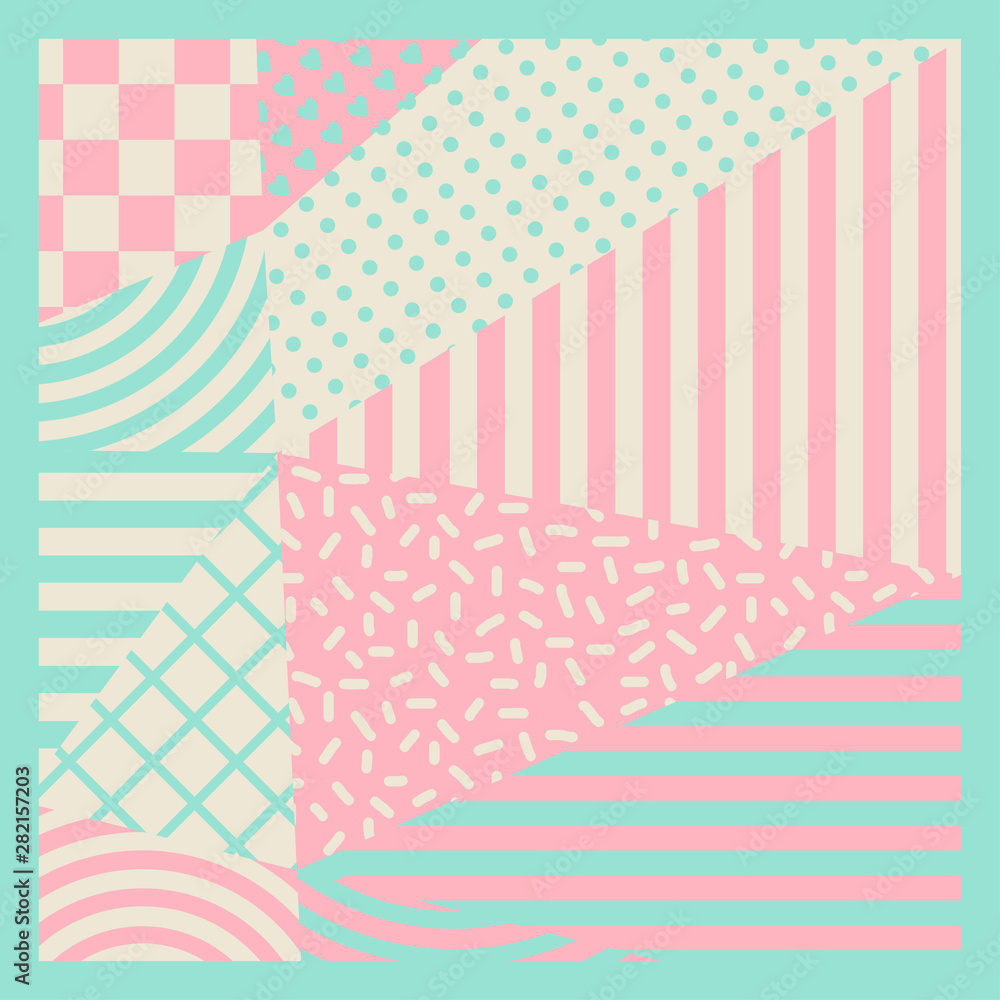 Poster Silk scarf with a geometric pattern abstract design background colorful pastel colors. Square vector