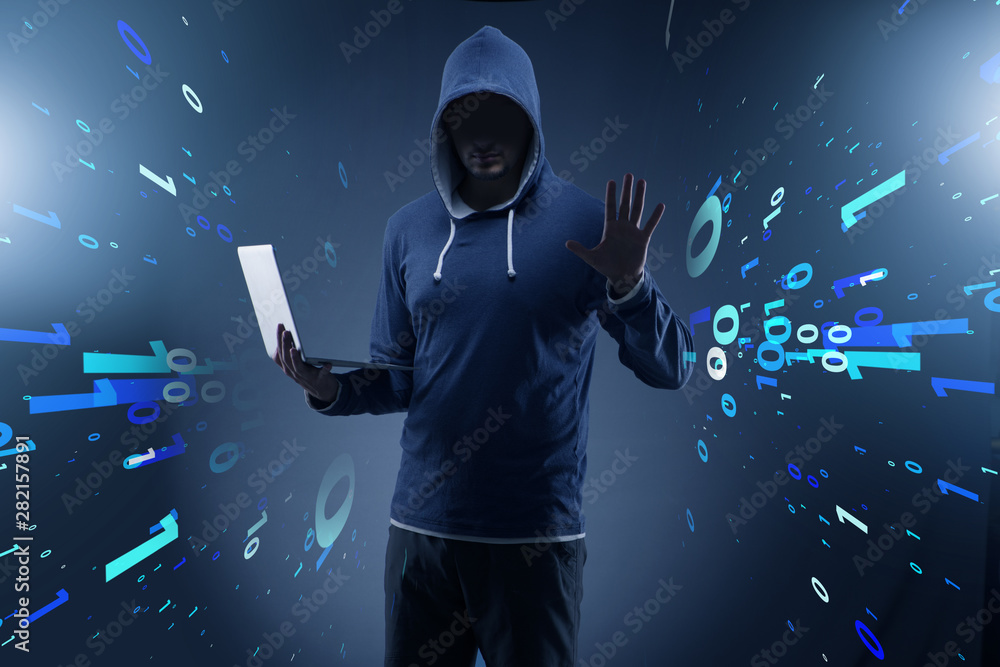 Poster hacker in digital security concept