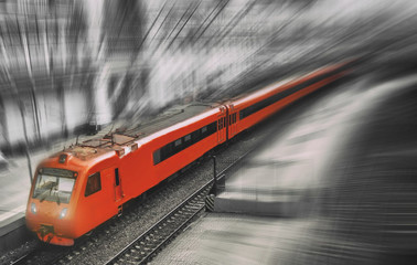Red train on a monochrome black and white background - illustration of a processed photo....
