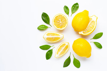 Fresh lemon with leaves isolated on white