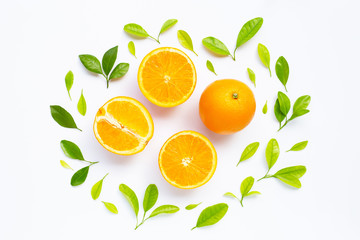 High vitamin C, Juicy and sweet. Fresh orange fruit with green leaves  on white.