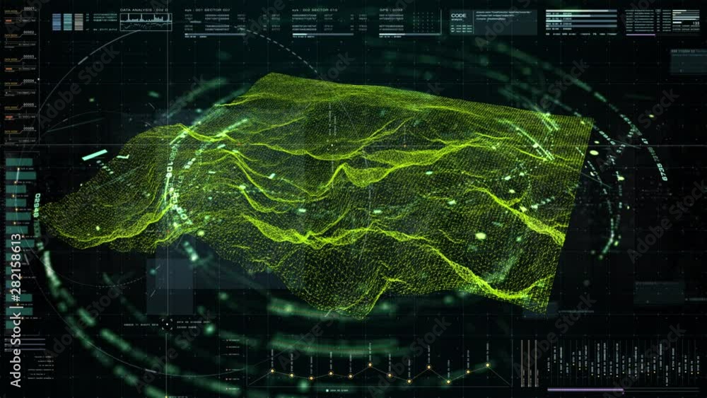 Fototapete futuristic holographic terrain environment, geomorphology, topography and digital data telemetry inf
