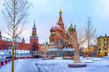 Russia. Moscow. New year in the Russian capital. Christmas in Moscow. Red square. Moscow Kremlin. St. Basil's Cathedral. The city is decorated for Christmas. Festive city in winter. Winter day