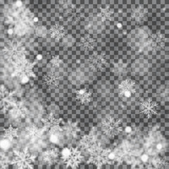 Christmas blurred illustration of complex defocused big and small falling snowflakes in white and gray colors with bokeh effect on transparent background