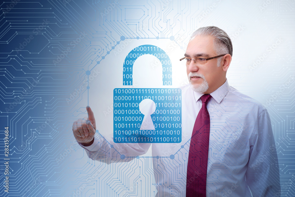 Poster man in digital security concept pressing button