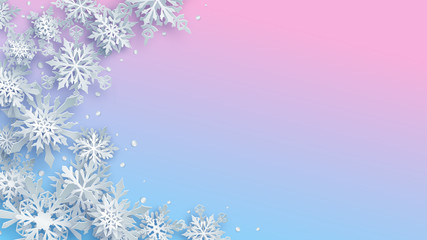 Fototapeta na wymiar Christmas illustration of white complex paper snowflakes with soft shadows on light blue and pink background