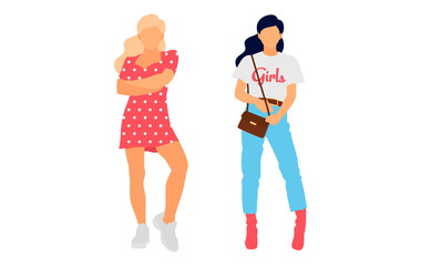 Young model woman set posing on white isolated background. Flat illustration - Vector