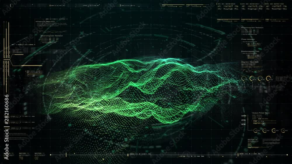 Poster Futuristic Holographic Terrain environment, geomorphology, topography and digital data telemetry information display motion graphic user interface head up display screen