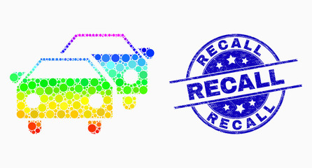 Dotted spectrum car traffic mosaic icon and Recall seal stamp. Blue vector round distress seal with Recall title. Vector composition in flat style.