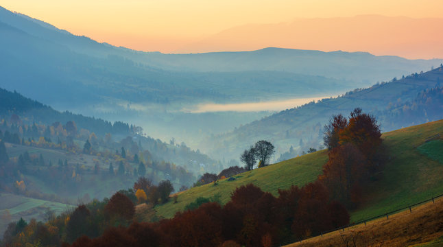 amazing beautiful rural area at dawn. morning in the carpathian mountains. fog in the distant valley. fields and fences on slopes.
