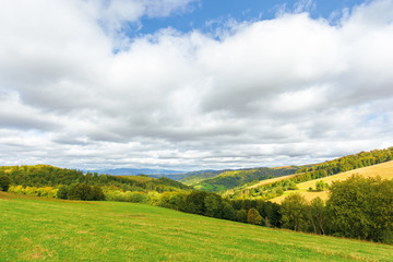 beautiful countryside in mountain. trees on grassy hills. sunny september weather with cloudy sky. wonderful nature background