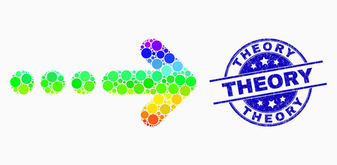 Dot spectral send right mosaic pictogram and Theory seal stamp. Blue vector round distress seal stamp with Theory title. Vector collage in flat style.