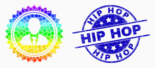 Dotted spectral user stamp seal mosaic icon and Hip Hop watermark. Blue vector rounded grunge seal with Hip Hop phrase. Vector combination in flat style.