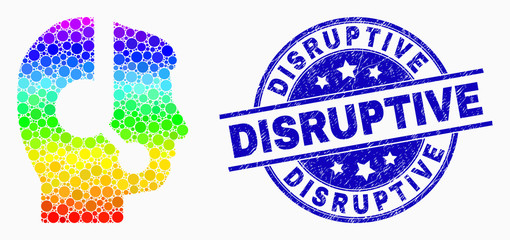 Dotted rainbow gradiented call center operator mosaic icon and Disruptive seal stamp. Blue vector round distress seal stamp with Disruptive text. Vector combination in flat style.