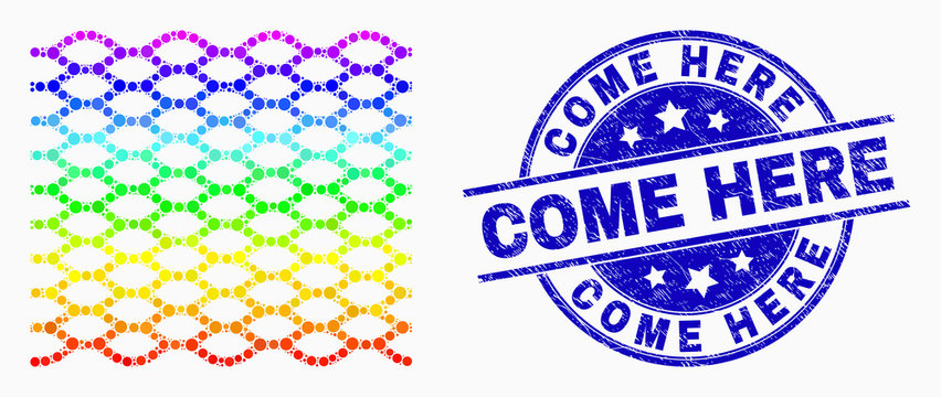 Pixelated spectrum rope mesh mosaic pictogram and Come Here seal stamp. Blue vector rounded scratched seal with Come Here text. Vector combination in flat style.