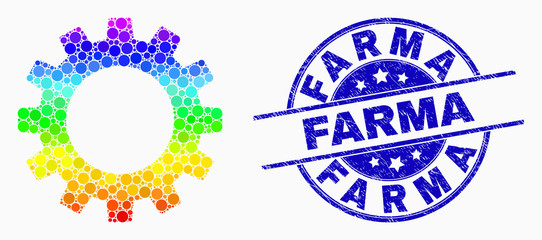 Dotted bright spectral gearwheel mosaic pictogram and Farma seal stamp. Blue vector round distress seal stamp with Farma message. Vector collage in flat style. © Evgeny