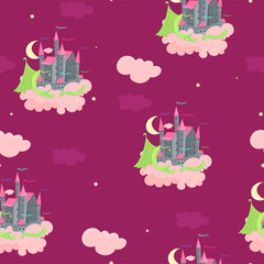 Seamless pattern with childish illustration of a castle with a sleeping dragon. Vector graphics.