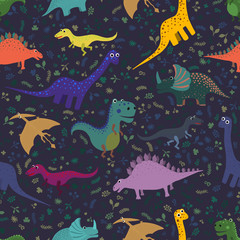 Hand drawn seamless pattern with dinosaurs. Perfect for kids fabric, textile, nursery wallpaper. Vector illustration.