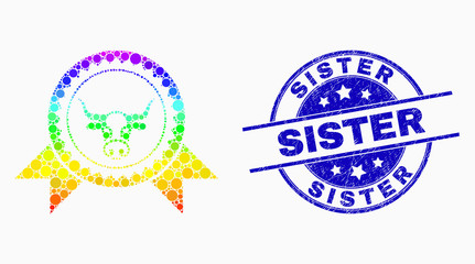 Dotted rainbow gradiented cow seal stamp ribbons mosaic icon and Sister seal stamp. Blue vector round distress stamp with Sister text. Vector combination in flat style.
