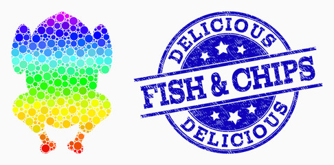 Pixel spectral fried chicken body mosaic icon and Delicious Fish & Chips stamp. Blue vector round scratched watermark with Delicious Fish & Chips caption. Vector combination in flat style.
