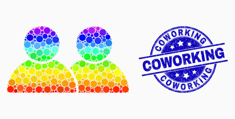 Pixelated rainbow gradiented users mosaic pictogram and Coworking seal stamp. Blue vector round scratched seal stamp with Coworking message. Vector collage in flat style.