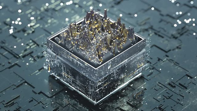 Digital data processing and analysis. Futuristic PCB with spectrum analyzer. Seamless loop 3D render animation with DOF