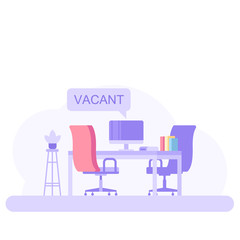 Empty office workplace with vacant sign. Employment, vacancy and hiring job vector concept. Search employee illustration.