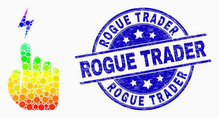 Dot bright spectral electric hand mosaic icon and Rogue Trader seal stamp. Blue vector rounded distress watermark with Rogue Trader title. Vector combination in flat style.