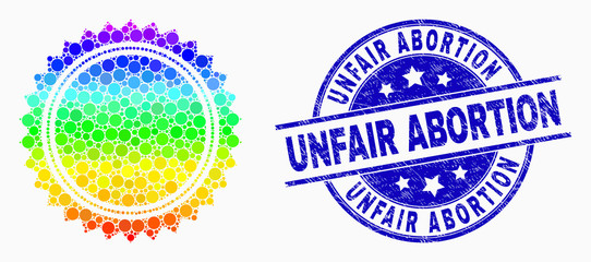 Pixelated rainbow gradiented seal stamp template mosaic pictogram and Unfair Abortion watermark. Blue vector round textured watermark with Unfair Abortion title. Vector collage in flat style.