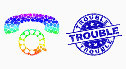 Dotted rainbow gradiented pulse phone mosaic pictogram and Trouble seal stamp. Blue vector round scratched seal stamp with Trouble phrase. Vector composition in flat style.