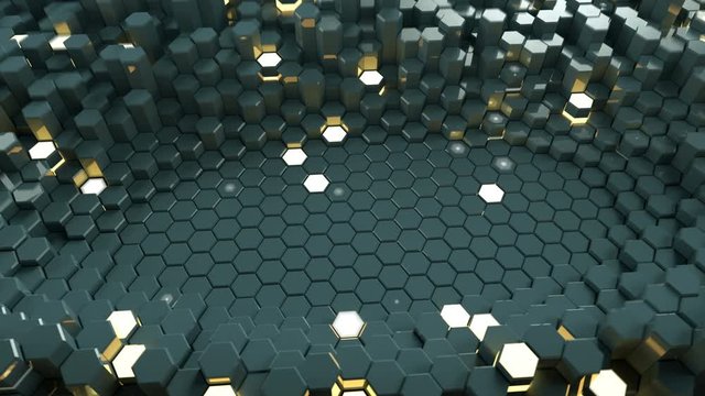 Abstract background with glowing hexagons. Futuristic technology honeycomb structure. 3D render seamless loop animation 4k UHD 3840x2160