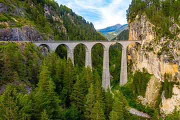 Peel and stick wall murals Landwasser Viaduct Famous viaduct near Filisur in the Swiss Alps called Landwasser Viaduct - Switzerland from above