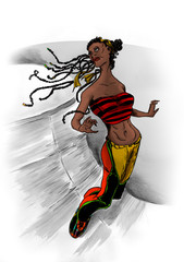 Skater Girl rolling with dreadlocks in the wind