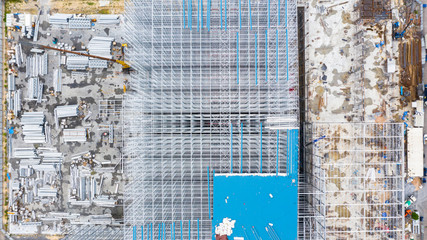Aerial view structure of steel building construction, Metal steel frame buildings construction design, Aerial view construction site.