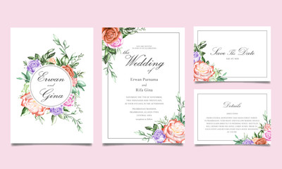 Fototapeta na wymiar wedding invitation template card design with watercolor floral and leaves