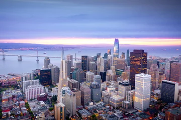 Fotobehang Colorful aerial panorama of San Francisco, California at sunrise © muddymari